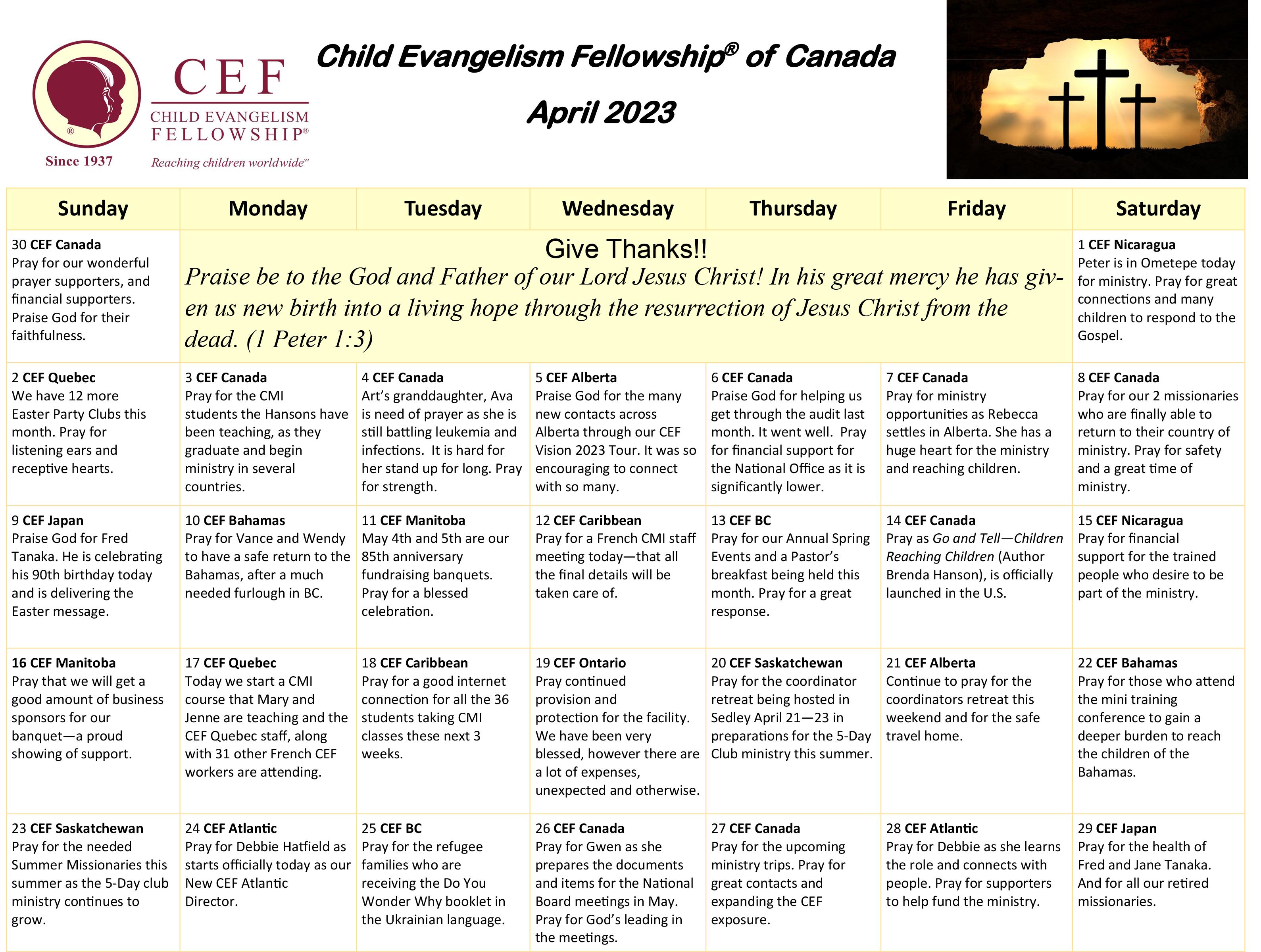 Prayer Calendar - Child Evangelism Fellowship®