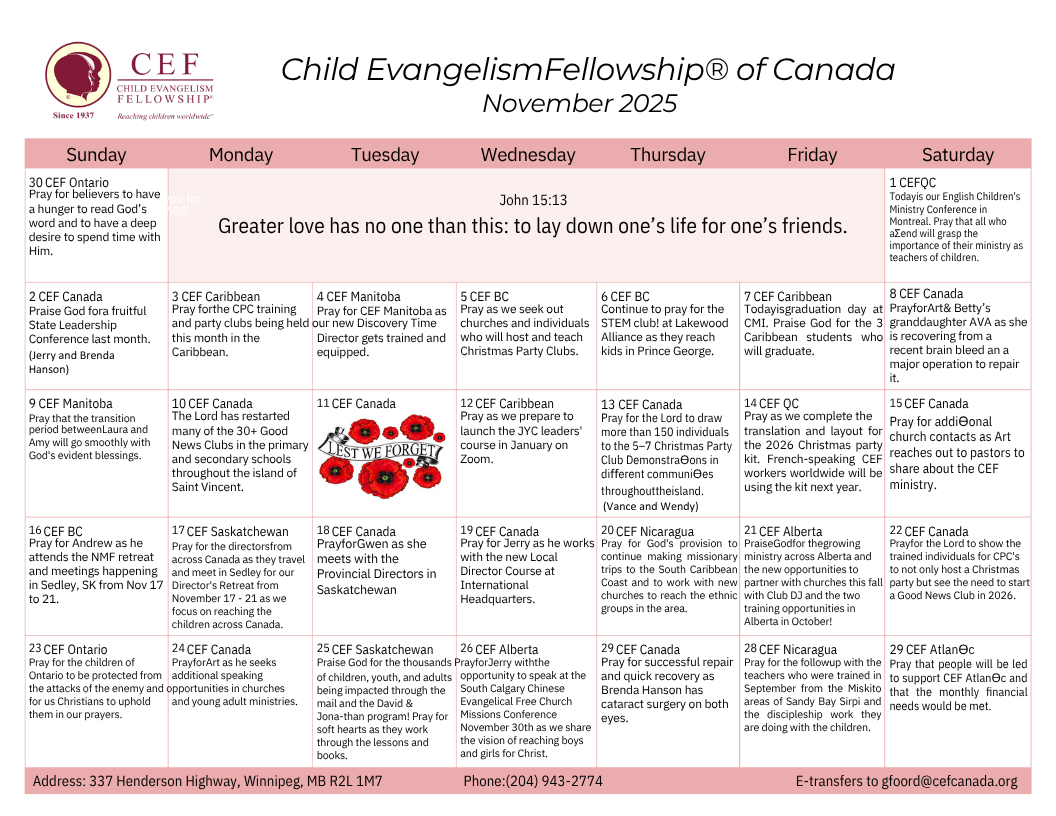 October 2024 Prayer Calendar