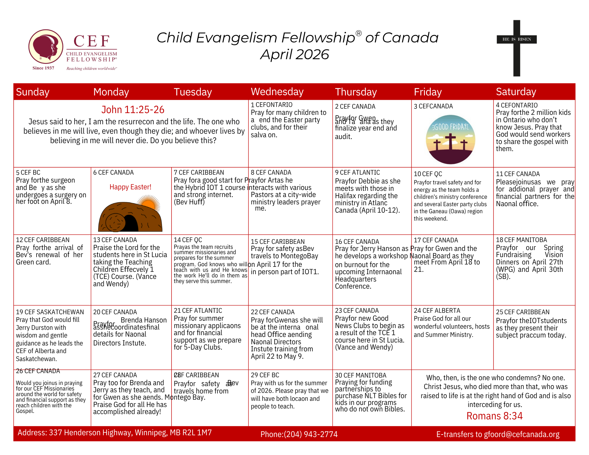 October 2024 Prayer Calendar