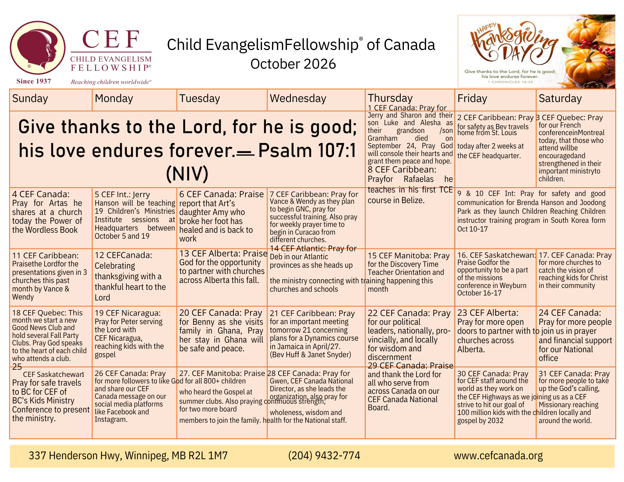 October 2024 Prayer Calendar